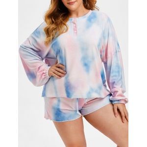 

Plus Size Tie Dye Henley Fleece Drop Shoulder Pajama Shorts Set, Multi