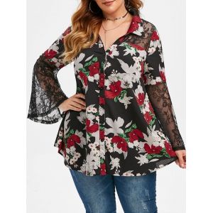 

Plus Size Bell Sleeve Floral Print Shirt, Black