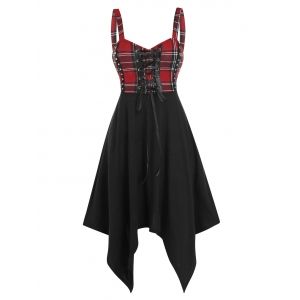 

Plaid Print Lace Up Asymmetrical Cami Dress, Multi a