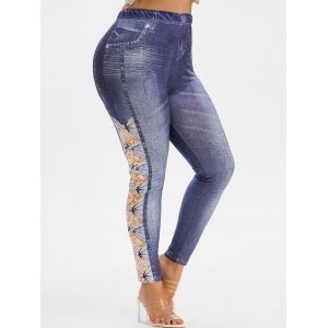

Plus Size High Rise 3D Bowknot Lace Print Jeggings, Deep blue