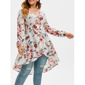 

Plus Size High Low Floral Print Blouse, Milk white