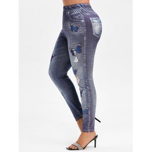 

Plus Size Butterfly 3D Ripped Jean Print Jeggings, Deep blue