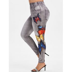 

Plus Size Butterfly 3D Jean Print Skinny Jeggings, Black