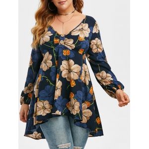 

Plus Size Floral Print High Low Blouse, Midnight blue