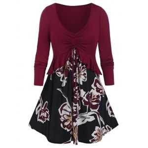 

Plus Size Flower Pattern Cinched Flounce Peplum Tunic Tee, Red wine