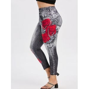 

Plus Size Flower 3D Printed High Waisted Jeggings, Black
