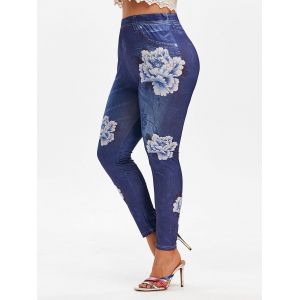 

Plus Size 3D Flower Printed High Waisted Jeggings, Deep blue