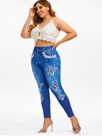 

Plus Size High Rise Butterfly Print Faux Denim Leggings, Deep blue