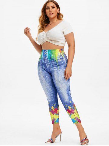 

Plus Size Splatter Paint 3D Pattern High Rise Jeggings, Blue