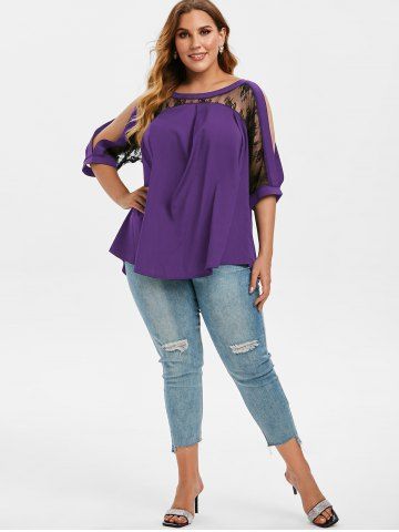 

Curved Hem Lace Panel Cold Shoulder Plus Size Blouse, White