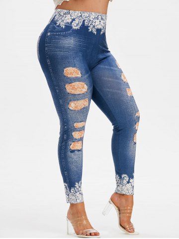 

Plus Size High Rise 3D Ripped Jean Print Jeggings, Blue