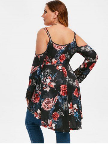 

Plus Size Cold Shoulder High Low Floral T Shirt, Black