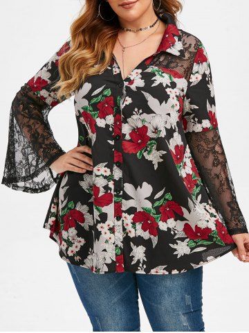 Plus Size Bell Sleeve Floral Print Shirt - BLACK - L