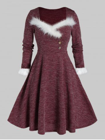 Plus Size Faux Fur Panel A Line Knit Dress - RED WINE - L