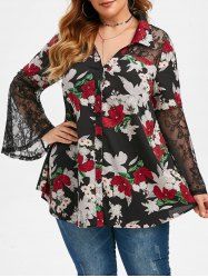 Plus Size Bell Sleeve Floral Print Shirt -  