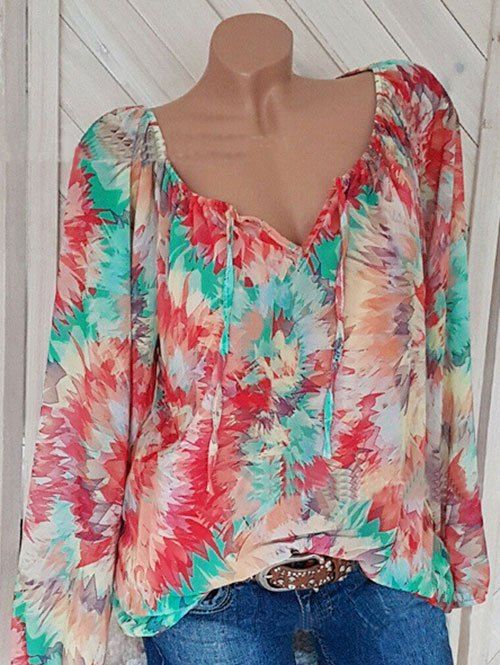 

Plus Size Flower Print Notched Bishop Sleeve Blouse, Red