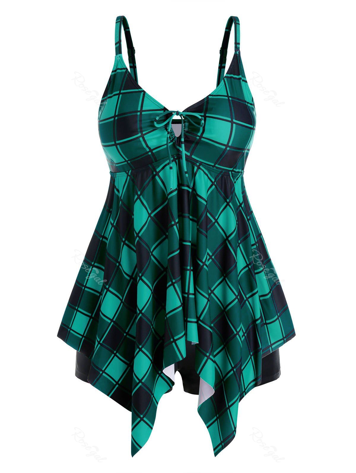 

Plus Size Plaid Hanky Hem Boyleg Tie Tankini Swimwear, Green