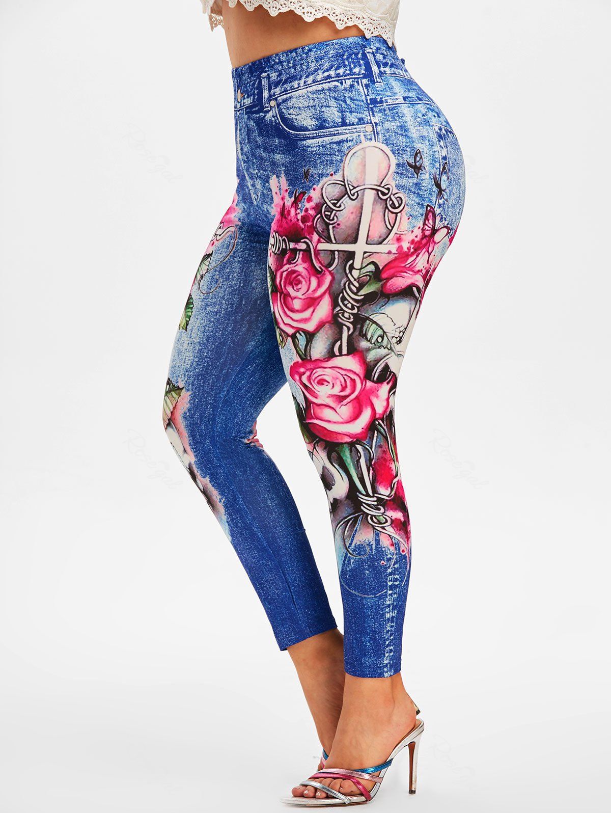 

Plus Size Flower Skull 3D Pattern High Waisted Jeggings, Blue
