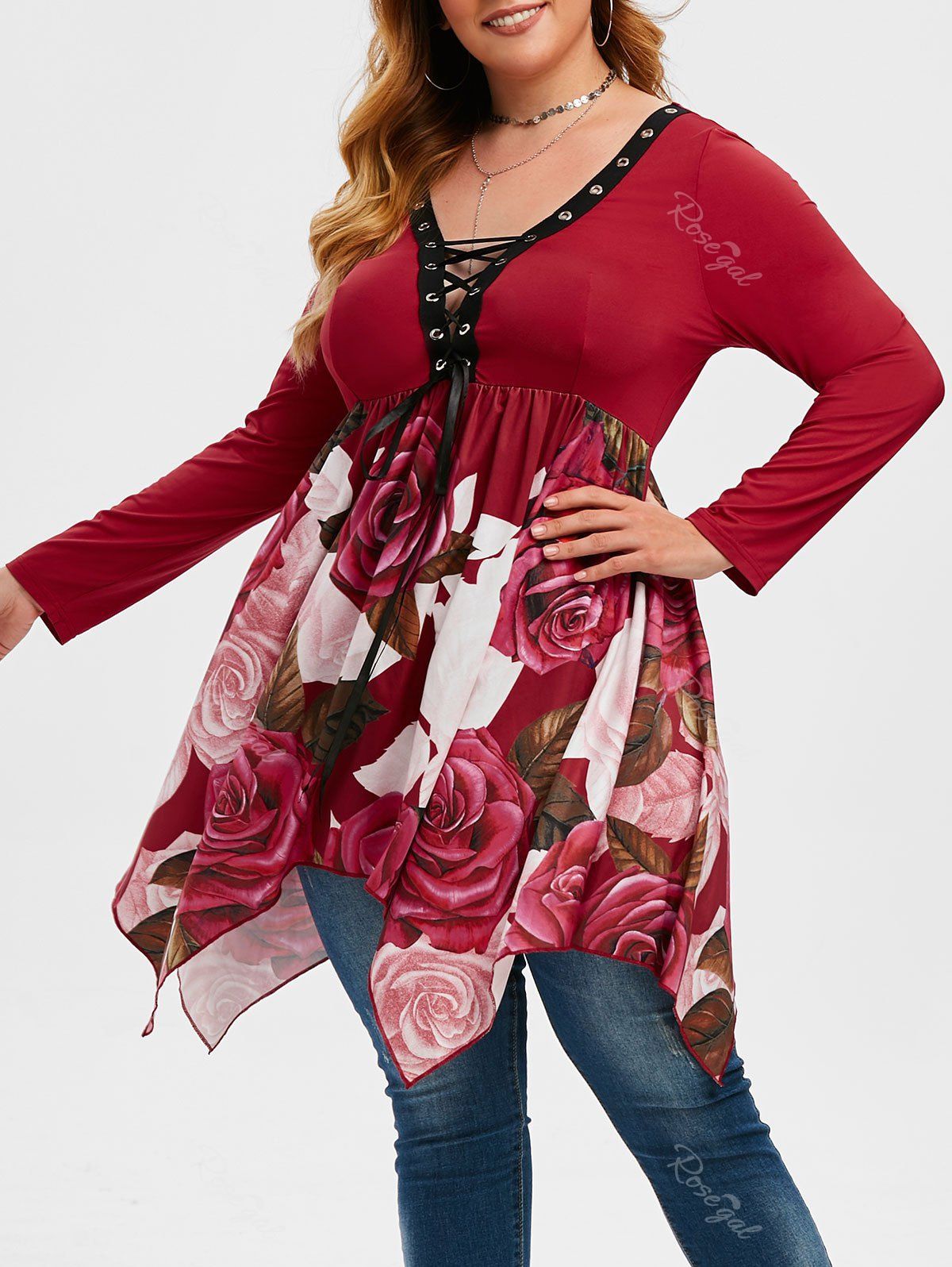 Cheap Handkerchief Floral Lace Up Plus Size Top  