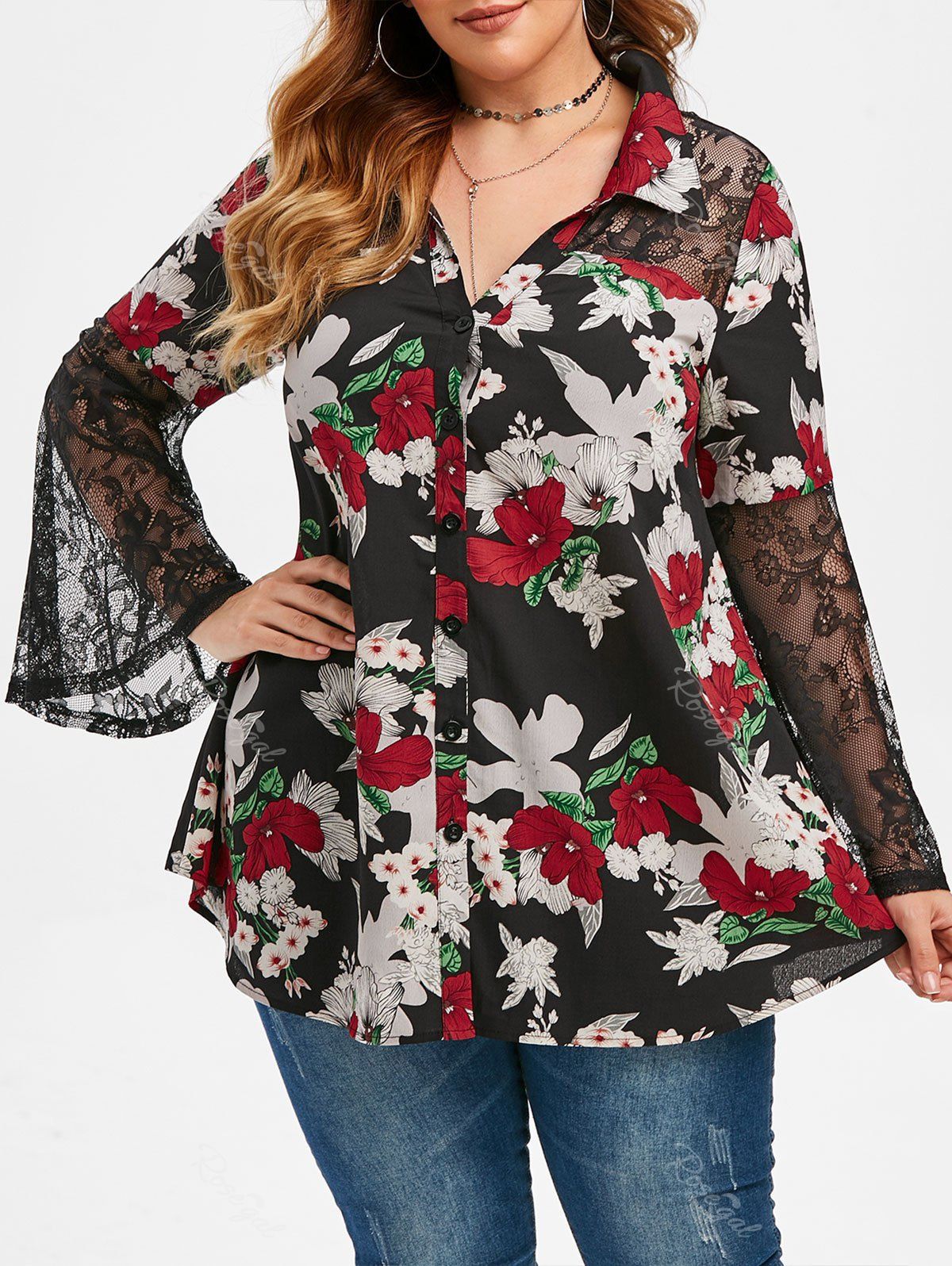 Shops Plus Size Bell Sleeve Floral Print Shirt  