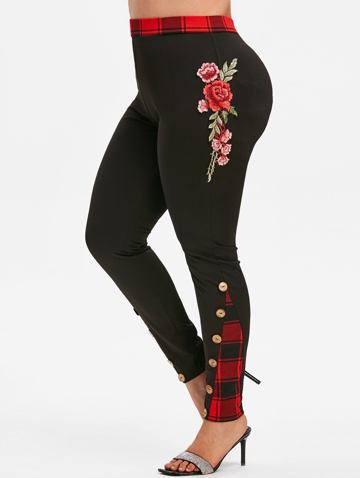 

Plus Size Plaid Floral Applique Pants, Black