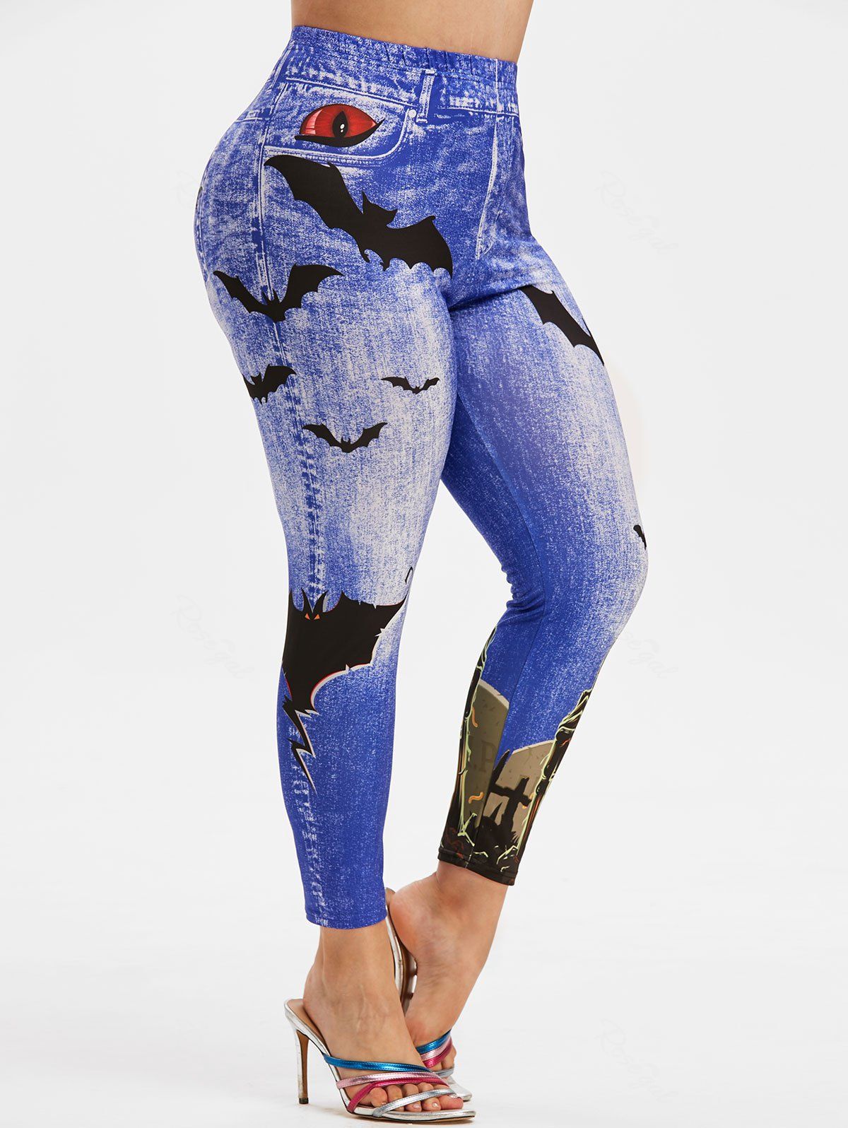 

Plus Size 3D Jean Halloween Bat Print Jeggings, Light blue
