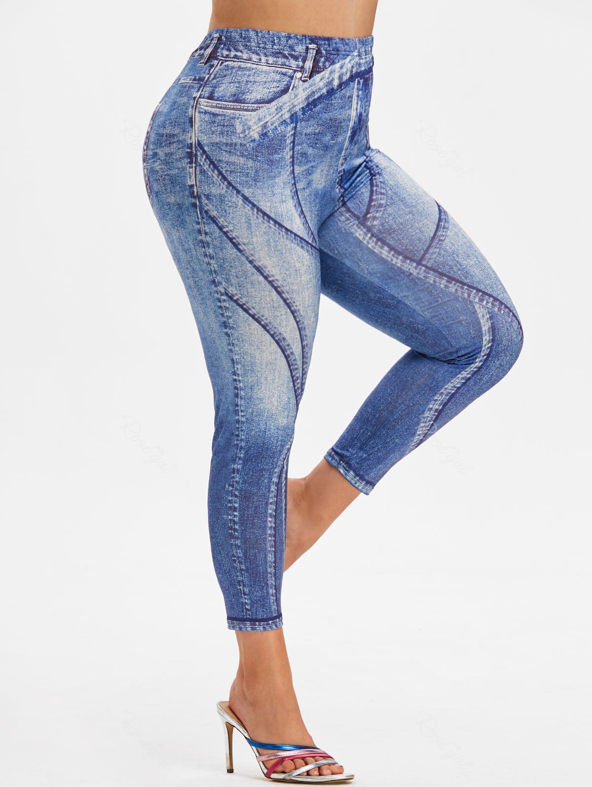 [47% OFF] Plus Size 3D Jean Print Ninth Tight Jeggings | Rosegal