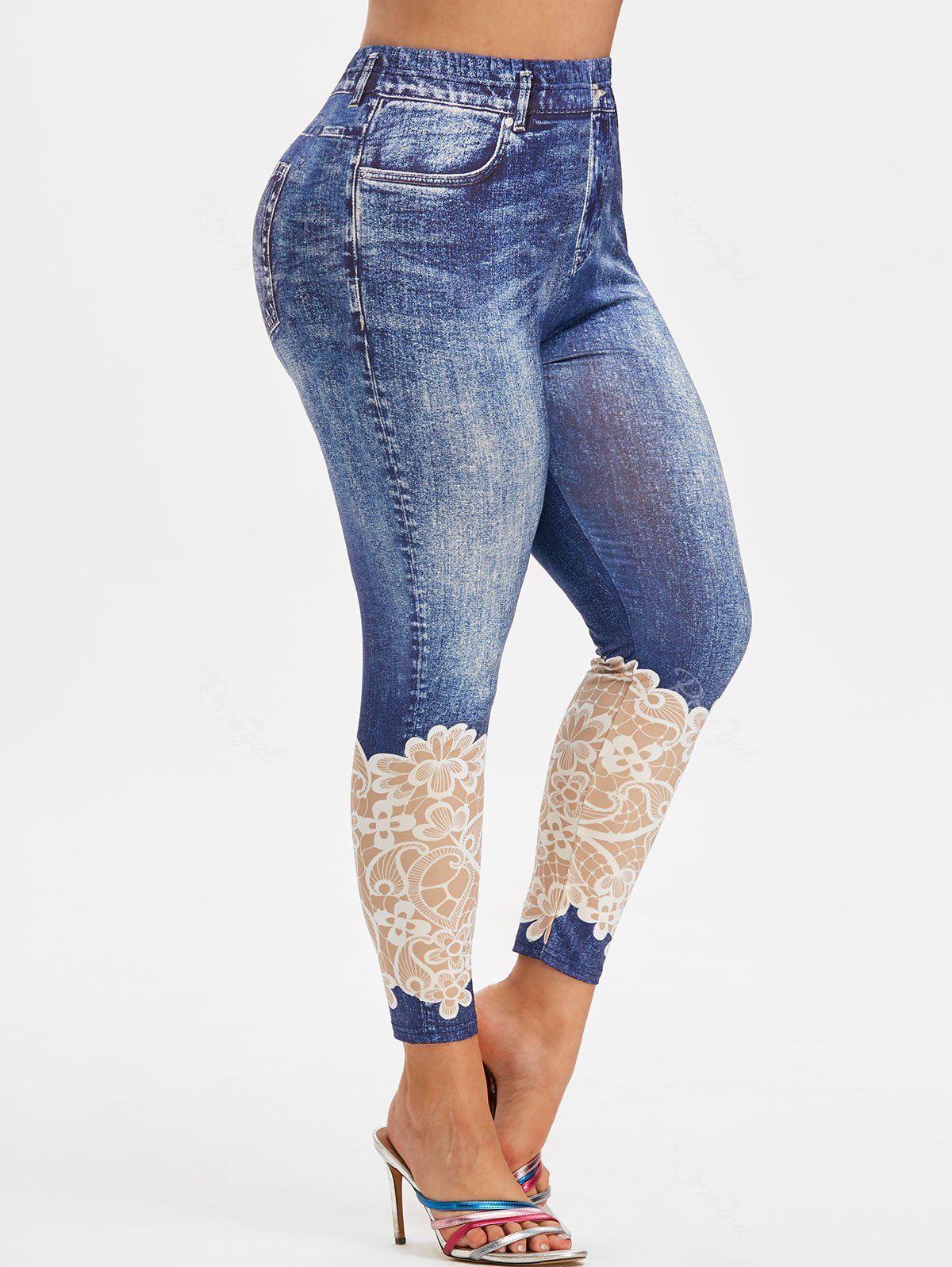 

Plus Size 3D Lace Denim Print Jeggings, Blue