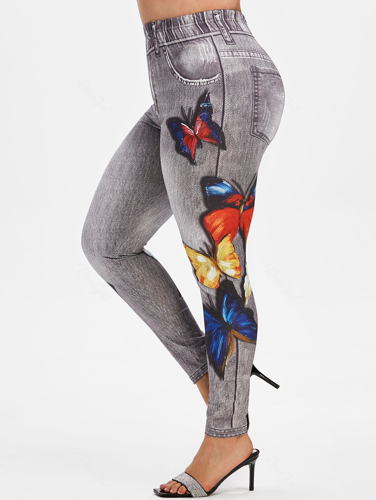 Legging Moulant 3D Papillon Imprimé de Grande Taille en Jean Noir 5X