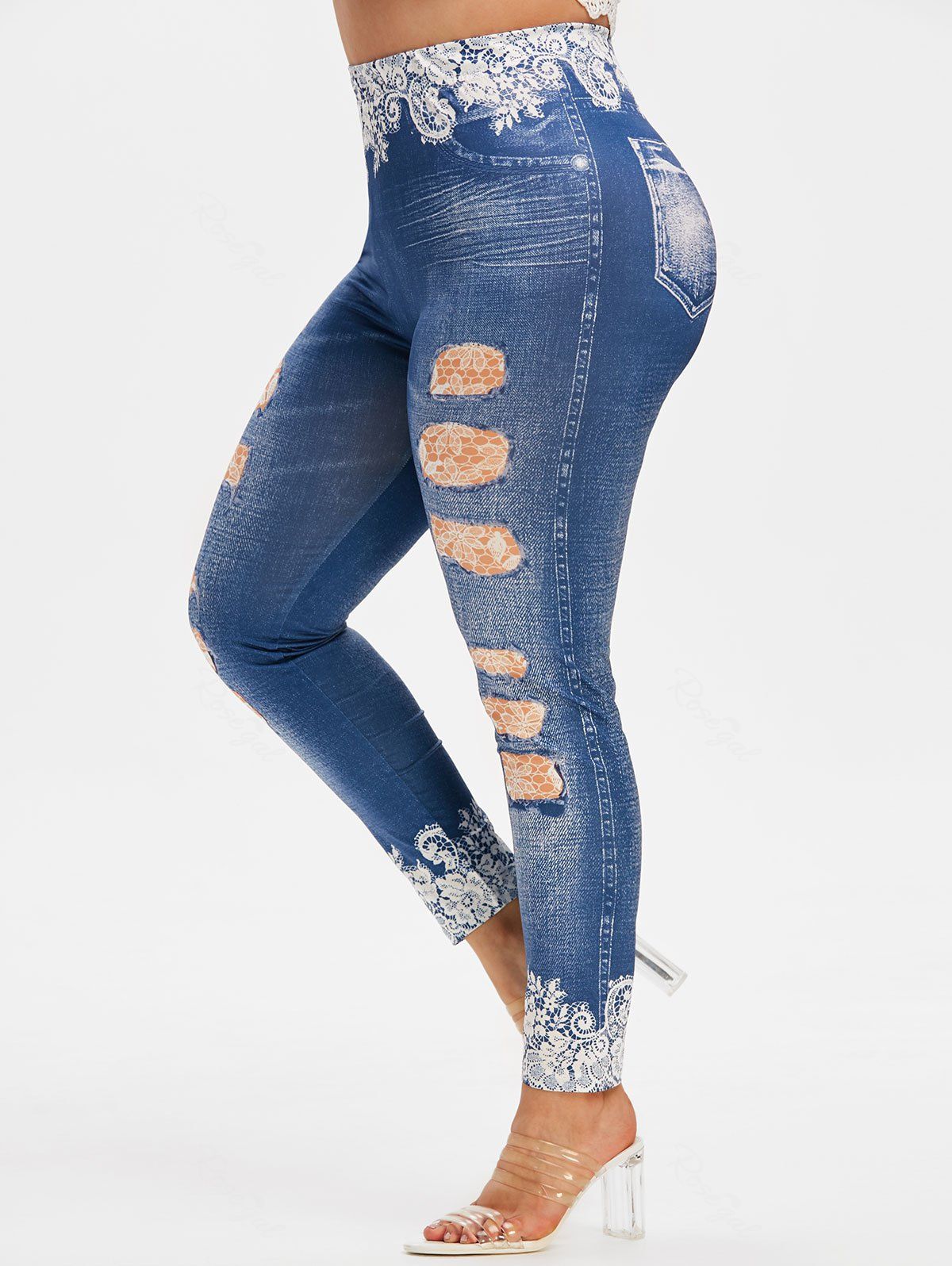 [40% OFF] Plus Size High Rise 3D Ripped Jean Print Jeggings | Rosegal