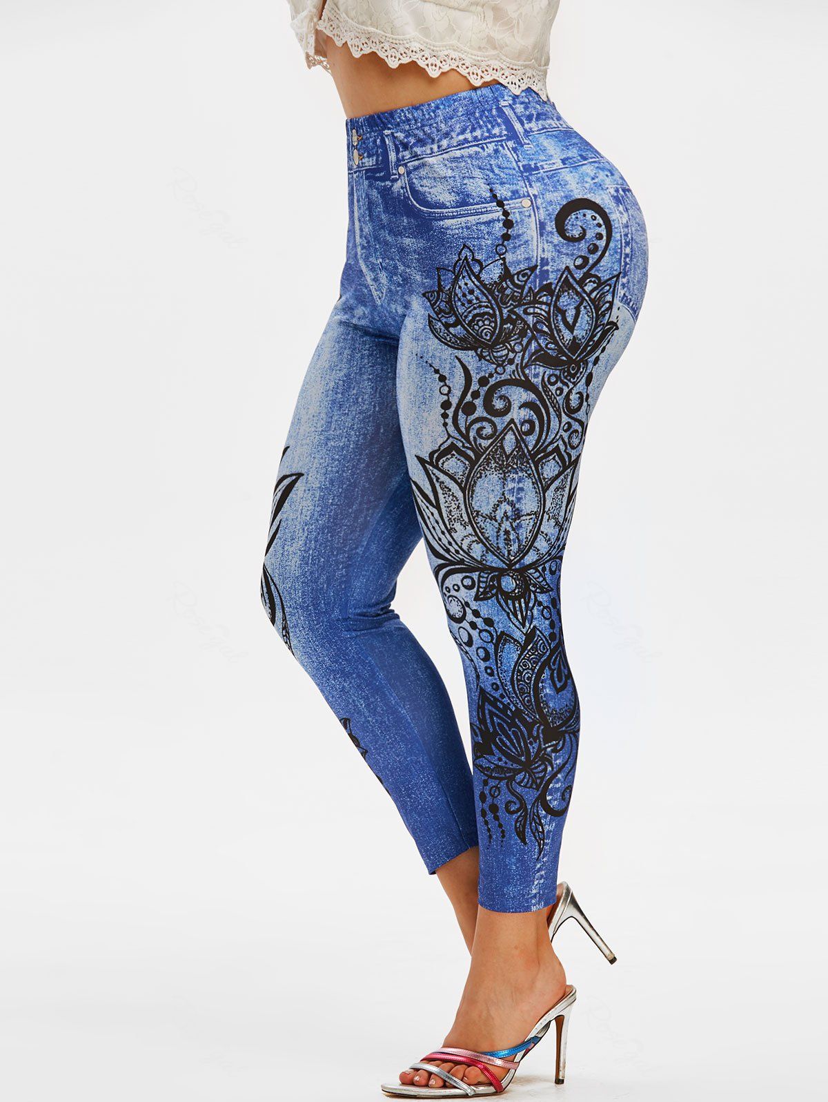 

Plus Size 3D Jean Print Ninth Jeggings, Light blue