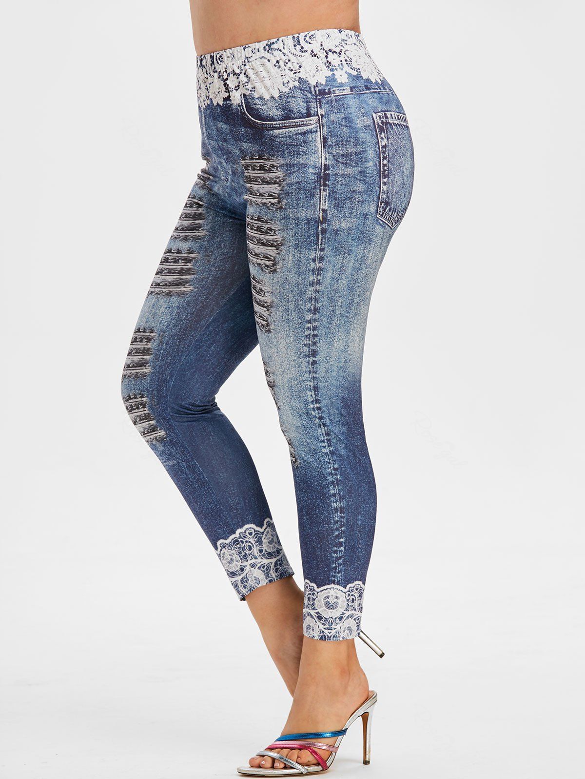 

Plus Size 3D Ripped Jean Print Skinny Ninth Jeggings, Blue