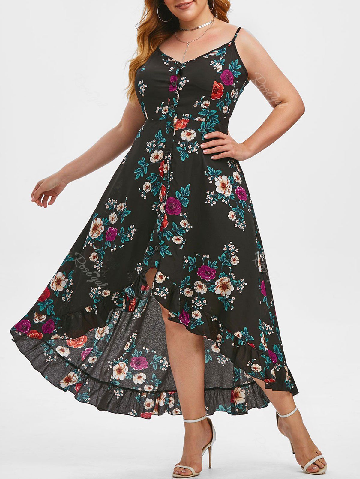 

Plus Size Floral Print Ruffles Slip Dress, Black