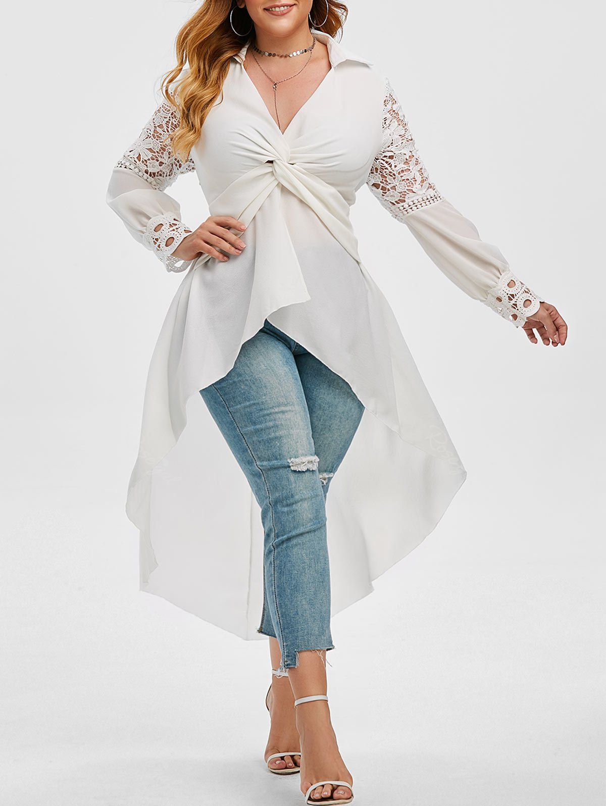 

Plus Size Front Twist High Low Long Dovetail Blouse, White