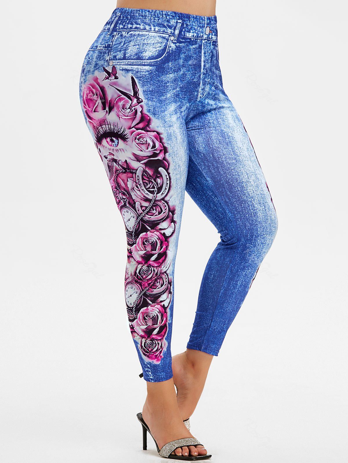 

Plus Size Flower Eye 3D Print High Waisted Jeggings, Blue