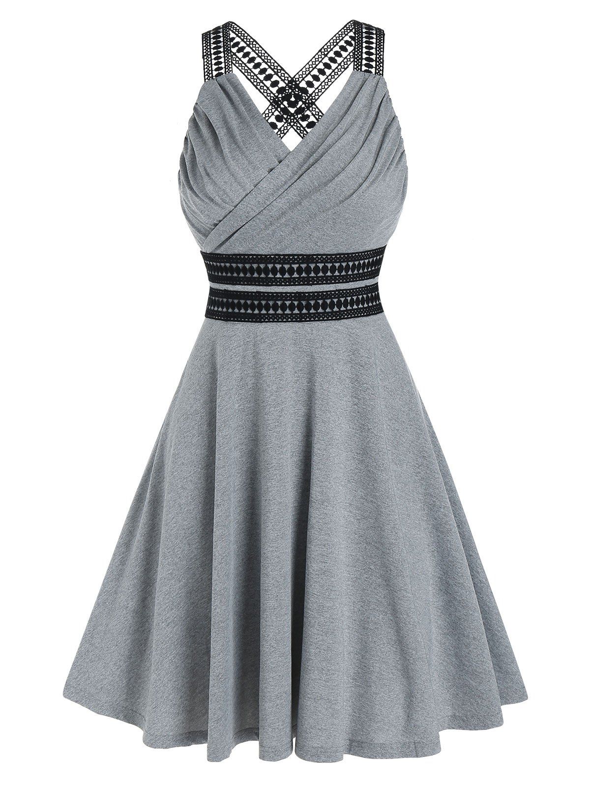 

Sleeveless Lace Insert Flare Dress, Light gray