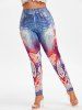 Plus Size Butterfly 3D Jean Pattern High Waisted Jeggings -  