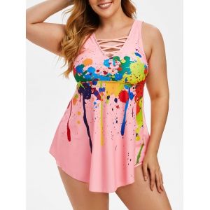 

Plus Size Splatter Paint Criss Cross Boyleg Tankini Swimwear, Light pink