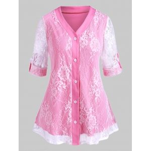 

Plus Size Roll Up Sleeve Lace Overlay Blouse, Light pink