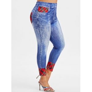 

Plus Size Plaid 3D Jean Print Ninth Jeggings, Light blue