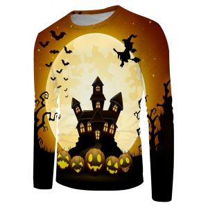 

Halloween Night Bat Witches Graphic Crew Neck Long Sleeve T Shirt, Multi