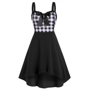 

Lace Trim Bowknot Gingham Sleeveless High Low Dress, Black