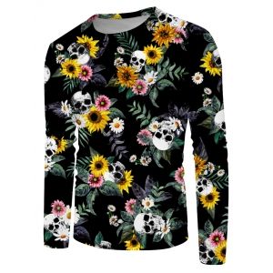 

Skull Daisy Floral Print Crew Neck Casual T Shirt, Multi