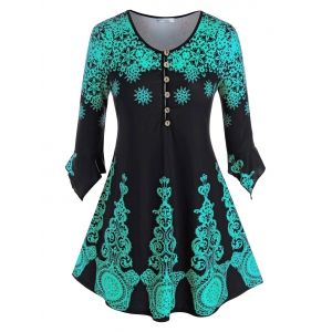 

Plus Size Snowflake Printed Ruffle Cuff Tunic Top, Deep green