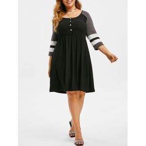 

Stripes Panel Colorblock Half Buttoned Plus Size Dress, Black