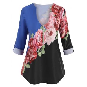 

Plus Size Flower Print Contrast Blouse, Blue