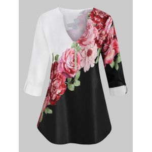 

Plus Size Flower Print Contrast Blouse, White