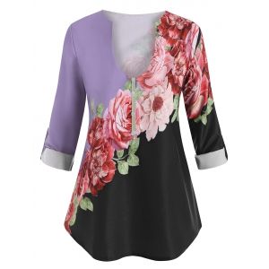 

Plus Size Flower Print Contrast Blouse, Light purple