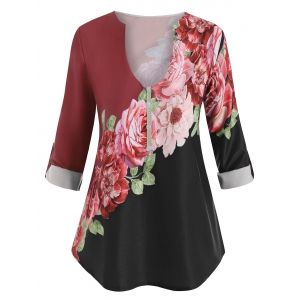 

Plus Size Flower Print Contrast Blouse, Deep red