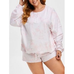 

Plus Size Tie Dye Fleece Henley Drawstring Pajama Shorts Set, Light pink